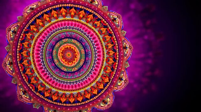 Intricate kaleidoscopic design with concentric circles and radiant colors on a purple background