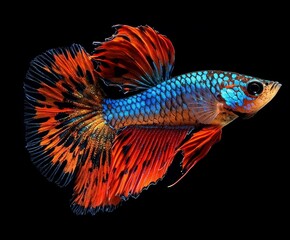 Fototapeta premium Vibrant Halfmoon Betta Fish Blue, Orange and Black Scales, Dramatic Pose, Macro Photography, Aquarium Fish Betta fish, Macro photography