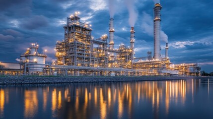 Obraz premium Lit industry plant with smoking towers over body of water during twilight hour