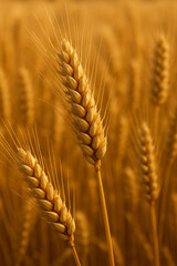 Ultra detailed, ultra focus close-up of golden wheat plants ready for harvest, morning sunlight casting warm glow on the stalks, background filled with dense wheat field, high-resolution texture