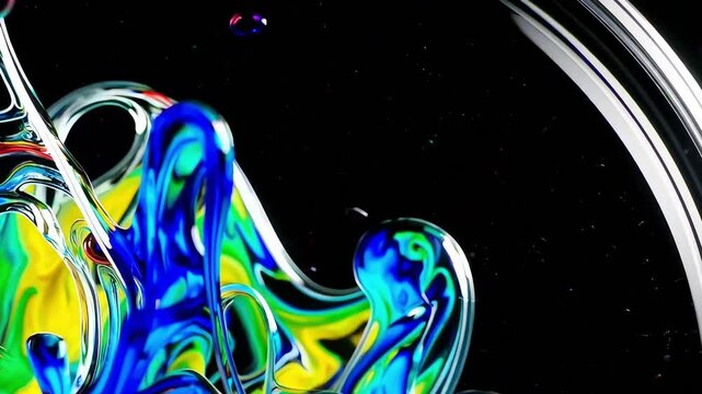 Close-up of swirling colorful liquid art in motion. Great for visual effects, art backgrounds, or creative edits.