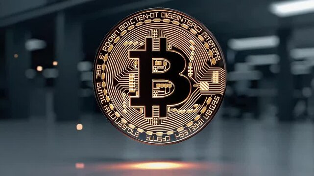 Close-up of a spinning Bitcoin with data center lights in the background. Perfect for crypto, fintech, or blockchain content.