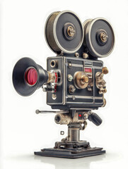 Vintage film camera with dual reels, metal body, mechanical dials, red microphone, and adjustable stand, showcasing classic cinema equipment and analog filming technology