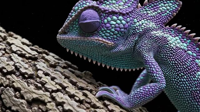 Close-up of a chameleon with striking texture and detail. Ideal for zoology, documentaries, or exotic animal themes.