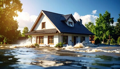 Flooded suburban house illustration depicting natural disaster and climate change