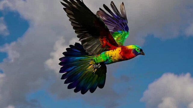 Vibrant hummingbird in flight against a bright blue sky. Ideal for nature, wildlife, or slow-motion beauty shots.