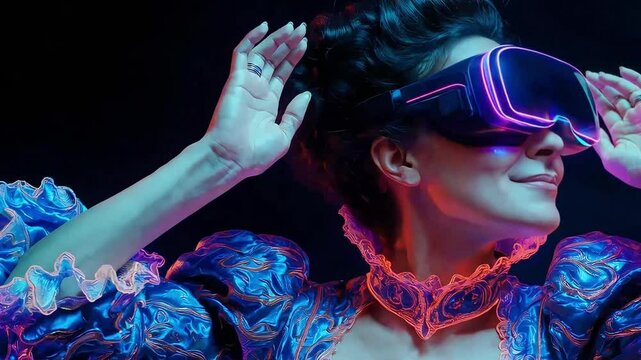 Woman in historical costume wearing VR headset, smiling in neon lights. Great for futuristic vs vintage or metaverse themes.