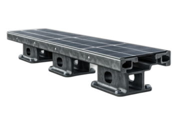 A pair of solar powered benches with sleek design, charging ports, and LED lights, isolated on transparent background.