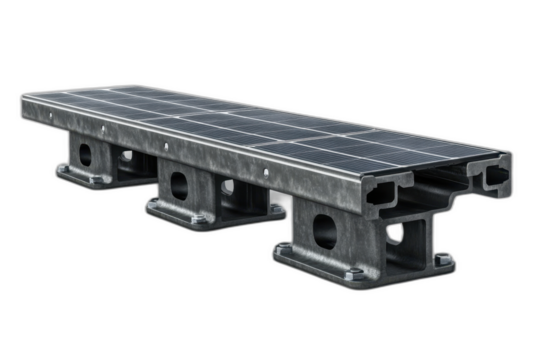 A pair of solar powered benches with sleek design, charging ports, and LED lights, isolated on transparent background.