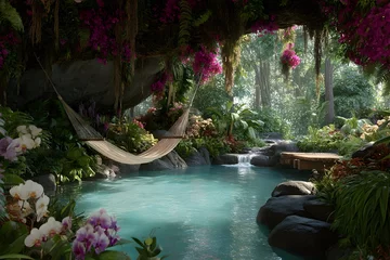 Papier peint photo Spa Tropical paradise poolside hammock retreat scene.  © Muhammad