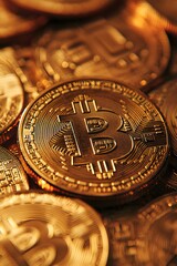 A close-up of the Bitcoin logo on top, with coins and stock charts in the background