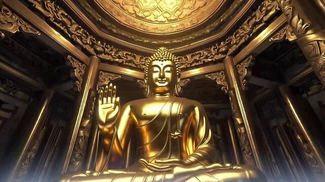 Golden Buddha statue in a majestic temple hall with glowing light. Ideal for spirituality, meditation, or travel visuals.