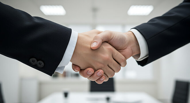 Business Professionals Exchanging a Firm Handshake in a Modern Office