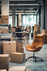 Empty office space with moving boxes and a single chair