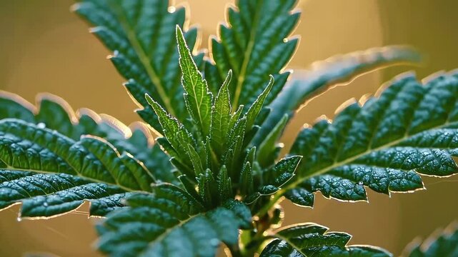 Lush cannabis leaves in sharp focus with natural lighting. Perfect for CBD, hemp industry, or health content.