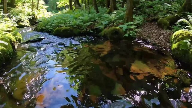 Peaceful forest creek flowing over rocks and moss. Ideal for relaxation, meditation, or environmental content.