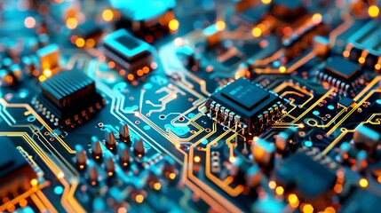 Obraz premium Intricate Circuit Board With Glowing Traces and Electronic Components Displayed