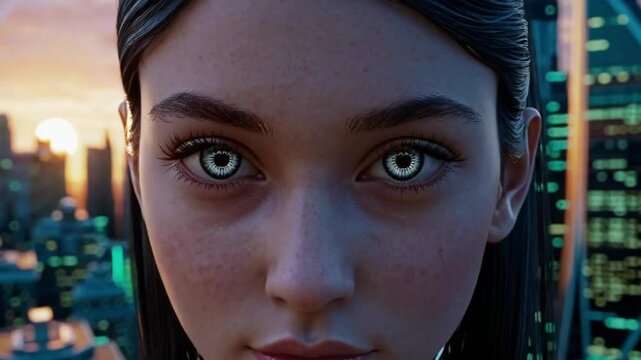 Futuristic female android with city skyline at sunset. Great for sci-fi, AI, or cyberpunk storytelling.