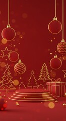 Crimson Christmas: Festive 3D Render with Golden Accents AI Generated