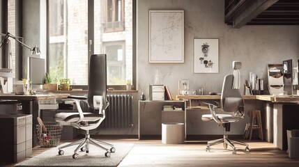 Modern workspace with ergonomic chair and abstract art, bathed in natural light. A blend of comfort and creativity in professional design.