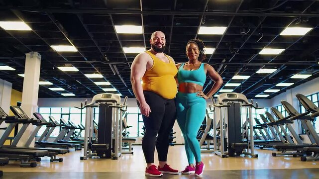 Plus-size couple posing confidently in a modern gym. Great for body positivity, fitness, and healthy lifestyle themes.