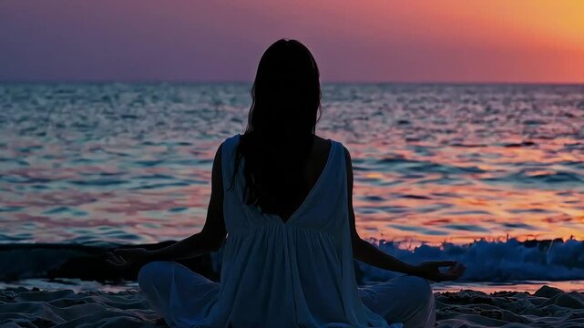 Silhouette of a woman meditating at sunrise by the ocean. Perfect for mindfulness, spirituality, or wellness content.