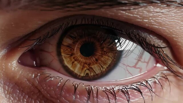 Extreme close-up of a human eye with amber tones and sharp detail. Ideal for medical, identity, or tech visuals.