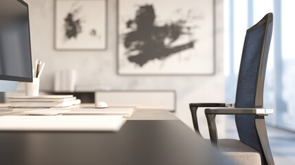 Fototapeta premium Modern workspace with ergonomic chair and abstract art, bathed in natural light. A blend of comfort and creativity in professional design.