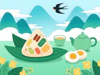 Dragon Boat Festival rice dumplings close-up, Chinese traditional food culture Dragon Boat Festival concept illustration