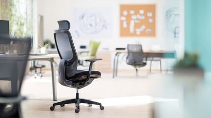 Modern workspace with ergonomic chair and abstract art, bathed in natural light. A blend of comfort and creativity in professional design.