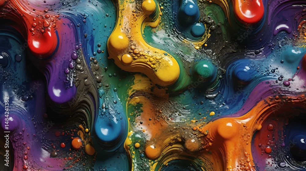 Poster fluid multicolor abstract art features dynamic swirls and glossy orb-like shapes creating movement.