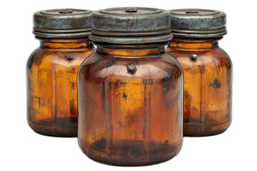 brown jars of various sizes with rustic textures, each topped with a cork lid. Isolated on transparent background.