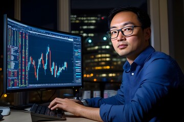 A handsome Asian man in his thirties is sitting at the desk, wearing glasses and a blue shirt, looking intently into an advanced computer monitor displaying financial charts