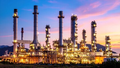 Obraz premium Illuminated Petrochemical Plant at Twilight: A Symphony of Industry and Sunset Hues