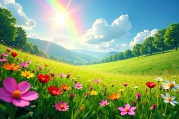Sunlit meadow, myriad wildflowers beneath rainbow , floral, rainbow