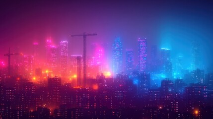 Neon Cityscape Under Construction at Night