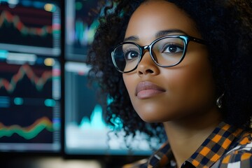 An African American woman with glasses and black curly hair wearing a checkered shirt, sitting in front of multiple computer monitors displaying stock charts