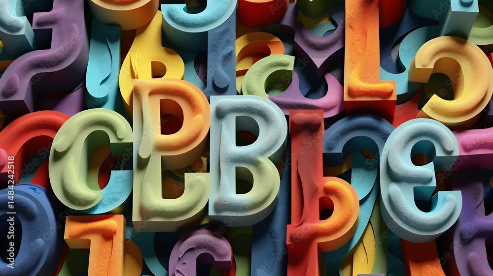 Poster a vibrant array of 3d alphabet letters in various colors, creating a playful, textured background.