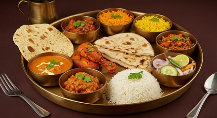 Delicious Indian Thali Platter Authentic Cuisine Food Rice Naan Curry Vegetable Dishes