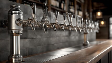 Craft Beer Tap: A gleaming row of beer taps stands ready, inviting patrons to savor the rich flavors of carefully crafted brews in a cozy bar setting.