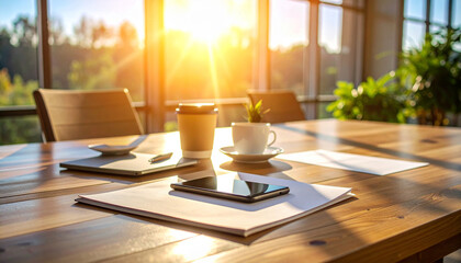 An office desk with papers in the morning sun.

