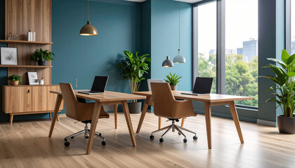 Office view with blue wallpaper.