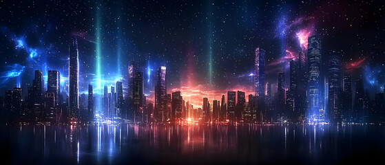 Futuristic Night City Skyline With Neon Lights