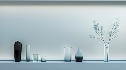 Modern minimalist display shelf with various glass vases and branches