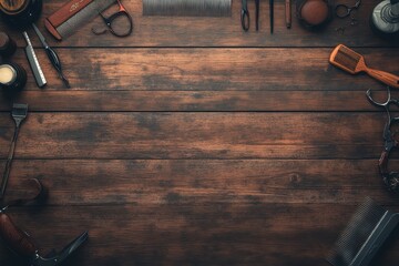 Flatlay of barber tools on dark wood