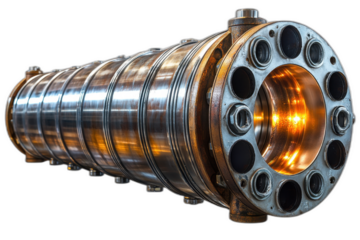 Close-up of metallic pipe with rust spots, grooves, and threaded ends isolated on transparent background.