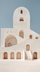 Whitewashed building with arched doorways and stairs against a blue sky
