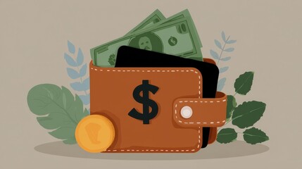 Brown Leather Wallet with Cash   Coin  Minimalist Finance Illustration