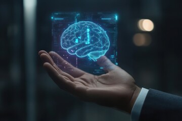 Fototapeta premium The Future of AI, Hand Holding a Holographic Brain