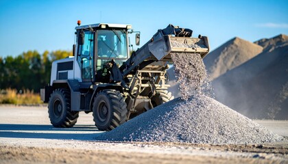 Wheel Loader Discharging Gravel for Construction Purposes on a Sunny Day
